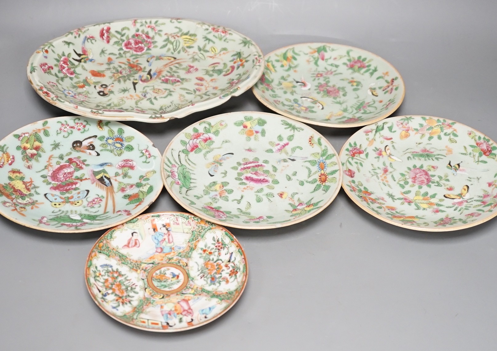 Assorted Chinese Canton decorated famille rose plates, 19th century, largest 27.5cm